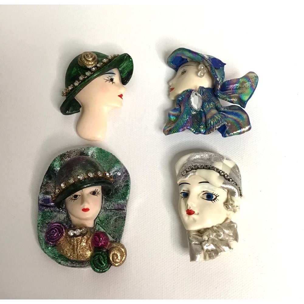 Vtg Lady Head Brooches Set of 4 Flapper Art Deco Style Rhinestone Mixed Media